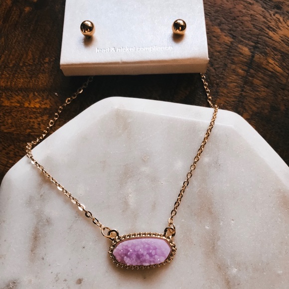 Lilac & Gold Dainty Druzy Pendant Necklace Set - Picture 2 of 2